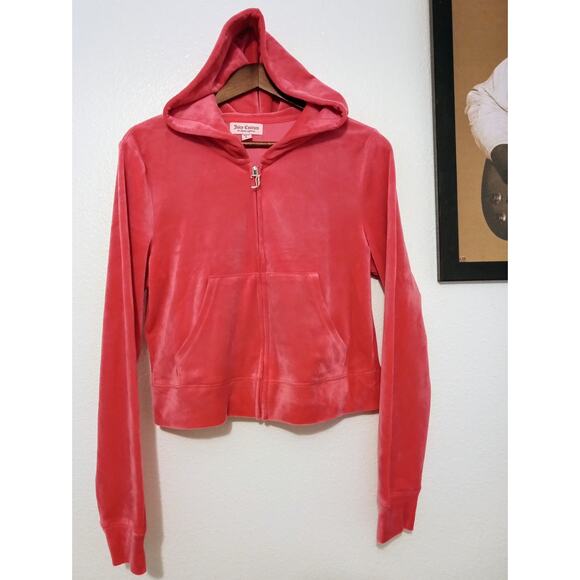 Juicy Couture Pink Velour Full Zip Up Hoodie Rhinestone Bling Y2K Jacket SZ L - Picture 2 of 9